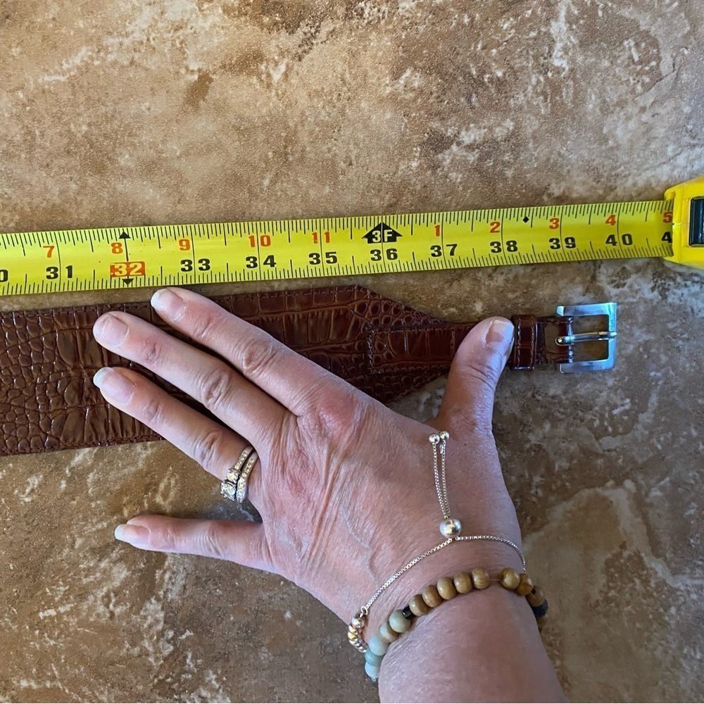 Vintage LES CREATIONS ELITE brown textured leather belt SZ 36 silver buckle Y2K - Picture 10 of 15